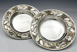 pir of Whiting marine influenced sterling silver bowls with applied crabs shells and gold washed detail